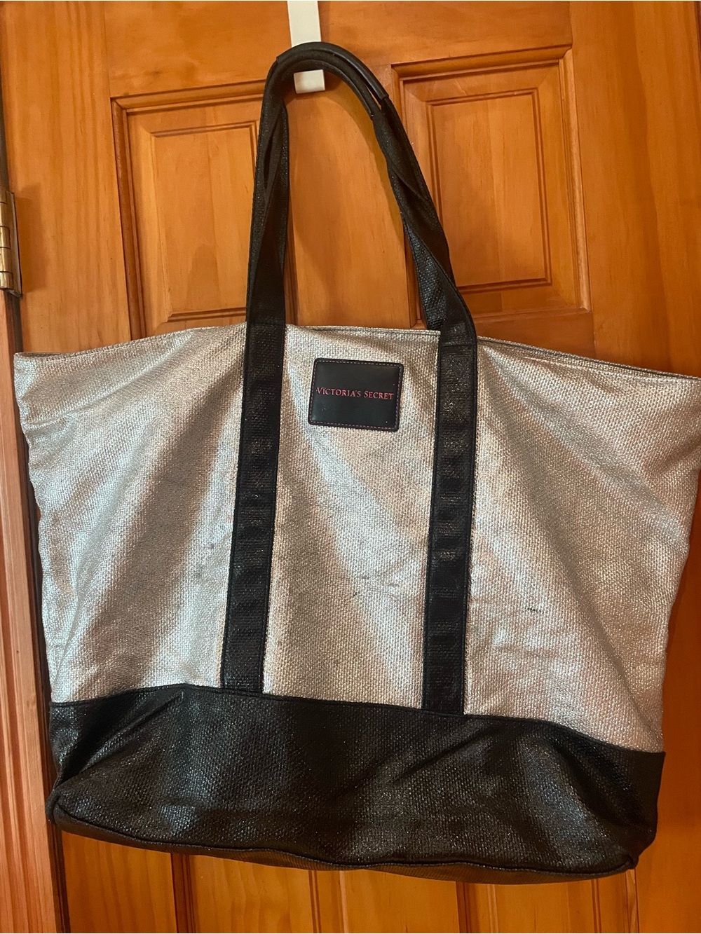 Victoria's Secret Metallic Silver Tote with Black Trim